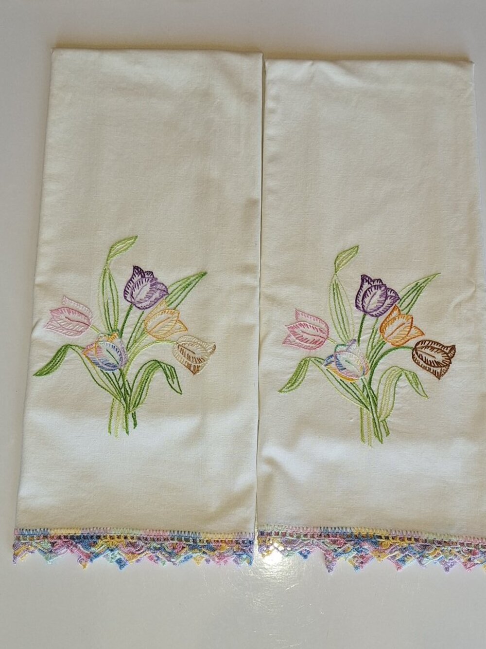 Vintage Handmade White Pillowcases Embroidered Tulips
